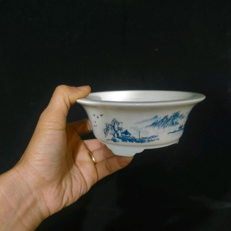 Chậu tròn miệng loe; hoạ tiết rồng và phong cảnh 2