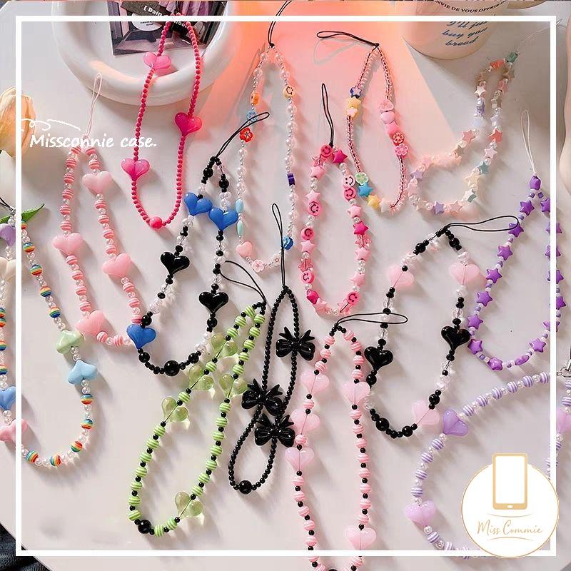 MissConnie Korea Cute Bowknot Phone Charm Strap Bowknot Mobile Phone Chains for Women Girls Jewelry Strap Love Heart Beaded Lanyard Pendant 1