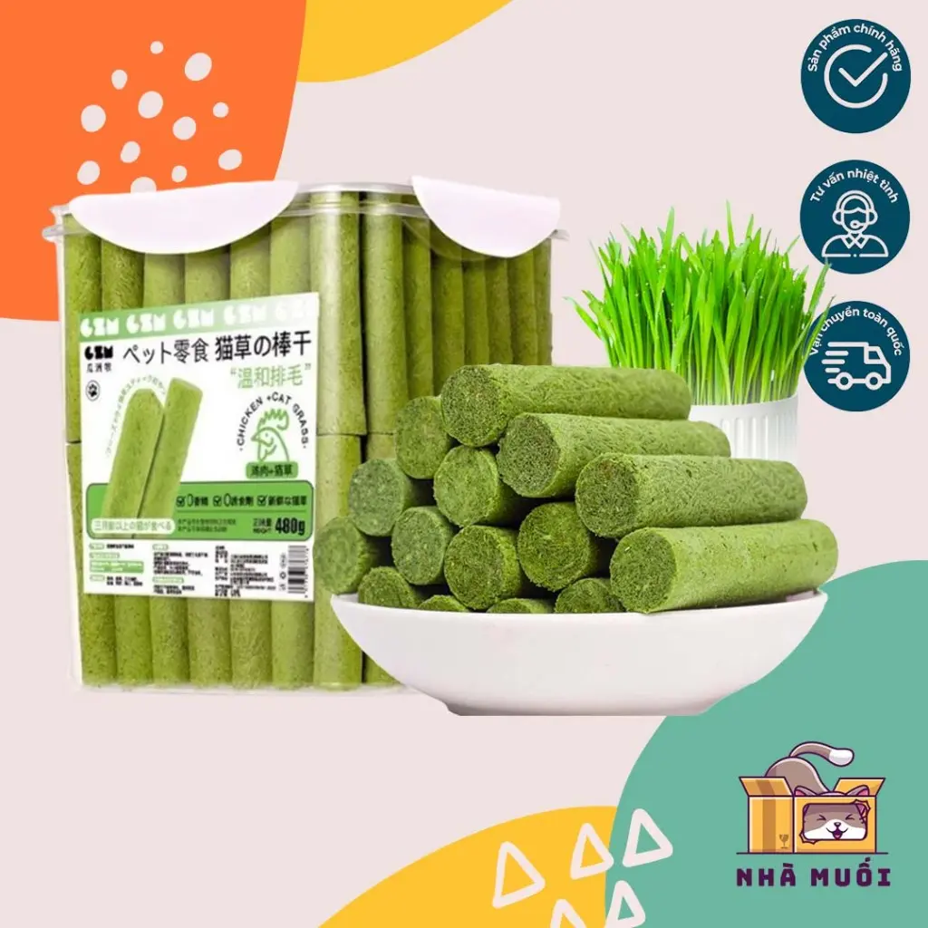 Hộp Thanh Cỏ Mèo, Đồ Ăn Khô Cho Mèo, Que Cỏ Mèo Giúp Tiêu Búi Lông Bổ Sung Vitamin Và Sạch Răng, Hộp 480g