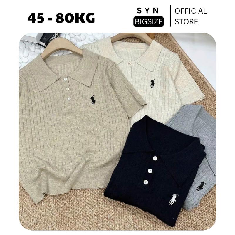 Áo Len Polo Bigsize Nữ Cộc Tay Cổ Bẻ Thêu Ngựa Đi Chơi Đi Học Đi Làm Mùa Thu Mùa Đông Nữ Tính Hiện Đại Thời Trang