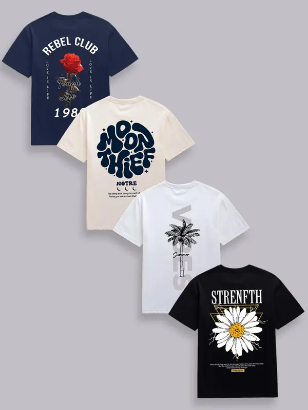 Men's Letter Print Round Neck Tee, Regular Fit Casual Short Sleeve Crew Neck T-shirt for Summer, Men's Top for Daily Wear, Tropical 0