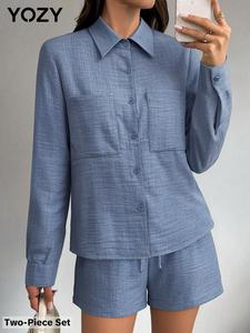 YOZY Women's Solid Button Front Pocket Shirt & Drawstring Waist Shorts Two-Piece Set, Casual Comfy Set for Daily Wear, Ladies Clothes for All Seasons