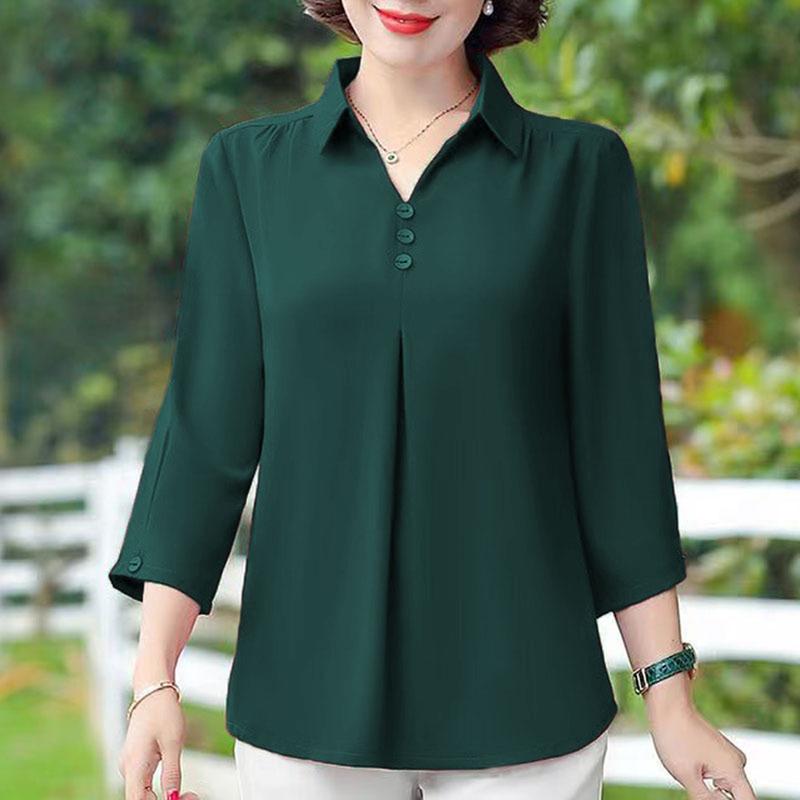 Bqudyzy-Áo Mùa Hè Cho Mẹ, Cổ Áo Rẽ Xuống, Nút Màu Trơn, Tay Áo Ba Phần Tư, Áo Chui Đầu, Quần Phù Hợp, Áo Phông Trung Niên Thường Ngày Cộng Với Kích Thướ, Quần Áo Mùa Xuân Cho Nữ 7