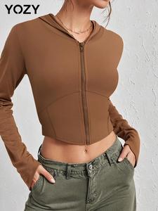 YOZY-GOOO Women's Solid Zip Up Hooded Sports Jacket, Sporty Thumb Hole Design Long Sleeve Outerwear for Yoga Gym Workout Running, Ladies Sportswear for Spring & Fall