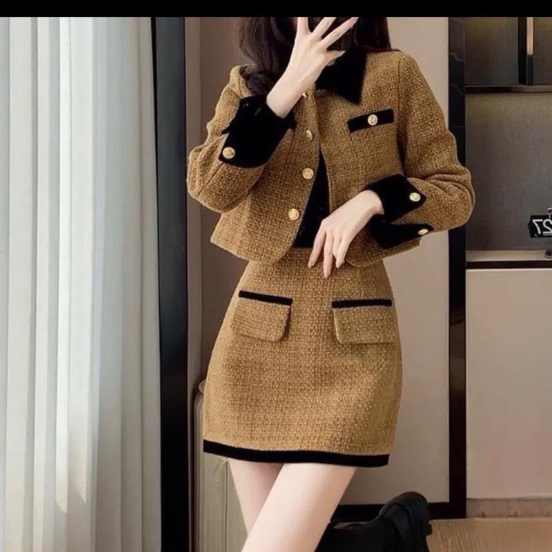 Set dạ phối viền nhung đủ màu trắng nâu đỏ chân váy dáng A áo cổ bẻ xinh sang Women Top