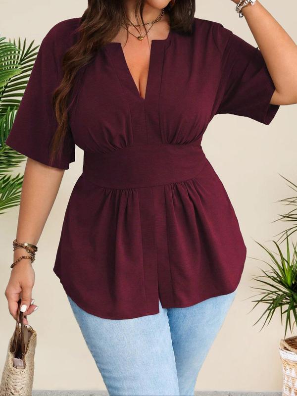 【Plus Size】 Solid Notched Neck Blouse, Casual Short Sleeve Top for Summer, Women's Clothing for Daily Wear 3