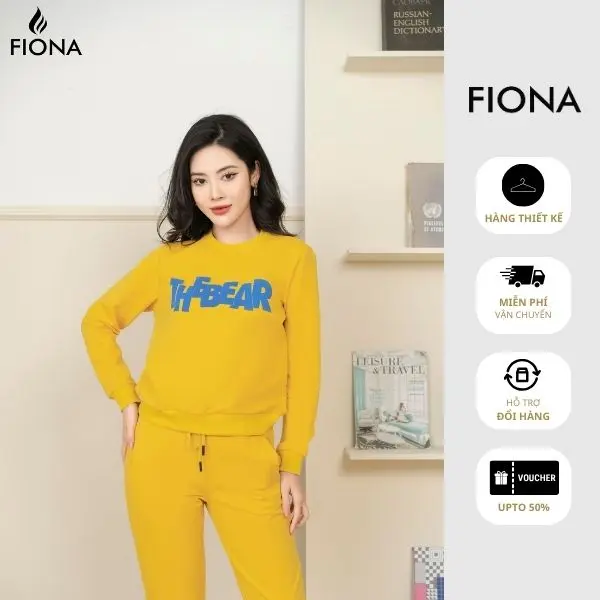 FIONA Áo nỉ nữ dáng bo gấu cổ tròn in chữ THEBEAR F522655 Top Cotton Women Hoodie