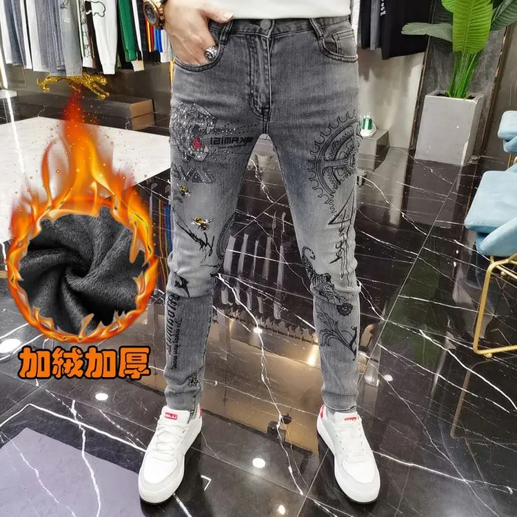 Quần Dài Jean Nam, Mùa Thu Đông, Lót Lông Cừu, Màu Xám Nhạt, Thương Hiệu Hợp Xu Hướng In Đầu Hổ, Khoan Nóng, Quần Dài Mỏng Menswear Có Túi