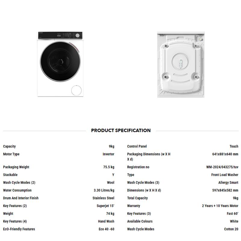 SHARP ES-FW914SW 9KG WHITE FRONT LOAD WASHING MACHINE 1