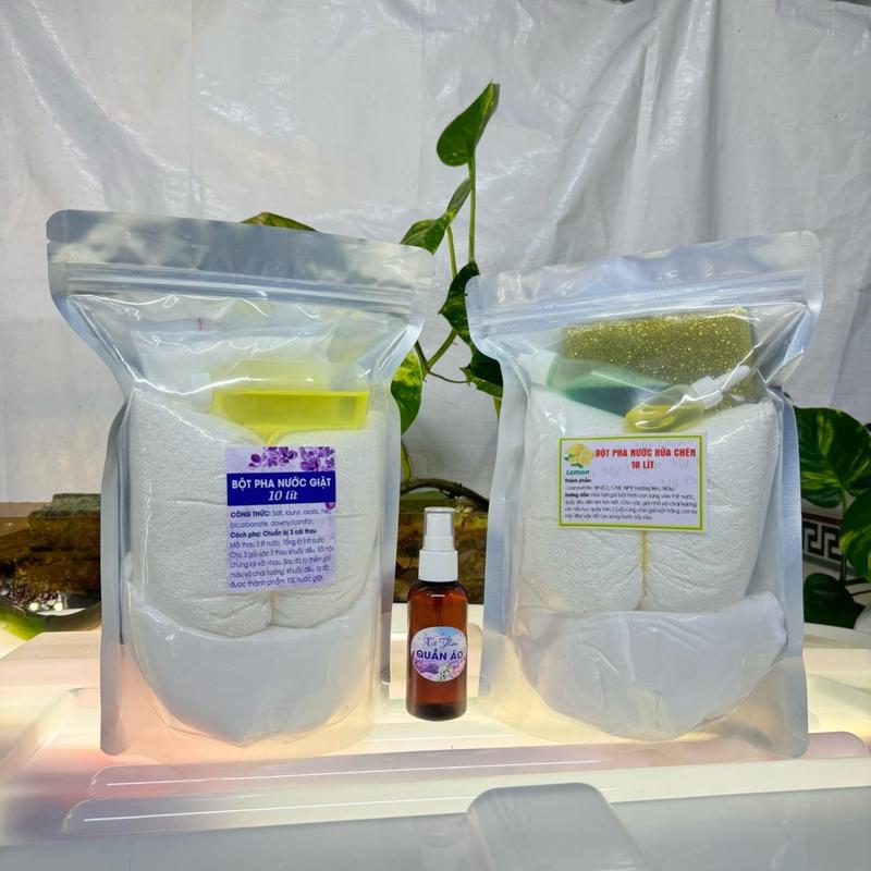 COMBO GIẶT VÀ CHÉN Bột Pha Nước Giặt và Bột Pha Nước Rửa Chén 10 Lít Kèm quà xịt thơm quần áo và cước rửa chén Làm Sạch