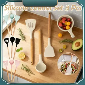 Set Peralatan Silikon 3pcs / Spatula Silikon dengan Pegangan Kayu / Set Peralatan Spatula Silikon / Alat Masak Silikon