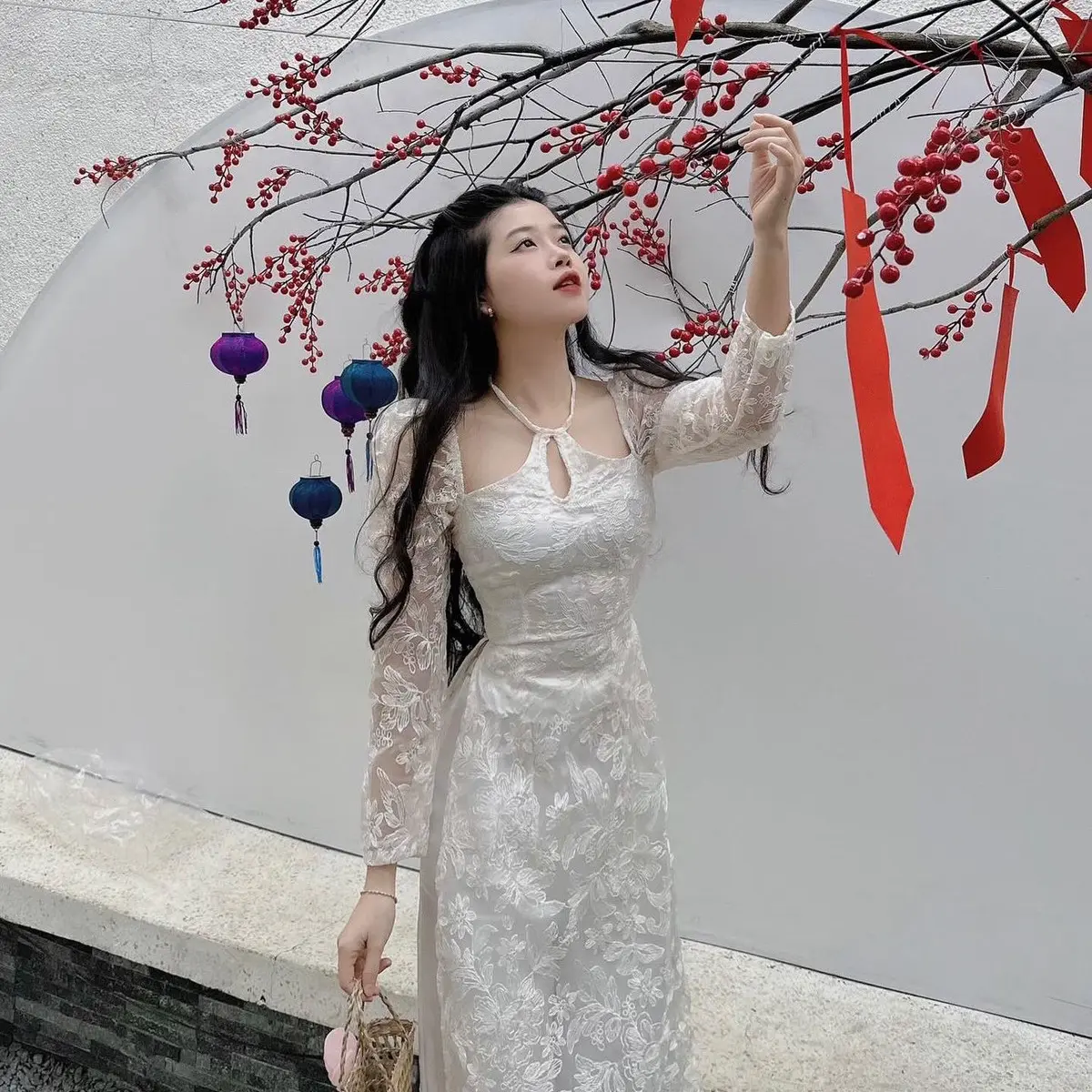 [DESIGNED BY BD.BRAND ] - FULL SET ÁO DÀI REN TIỂU THƯ MẶC TẾT, ĂN HỎI, ĂN CƯỚI- Bd.brand Nữ Dress Nhung Women Kem Màu Trắng Kem Màu Trắng