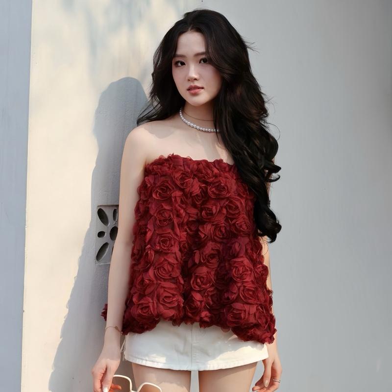 DAILY01 Áo cúp ngực bom hoa nổi dáng ngắn. Thiết kế tiểu thư, bánh bèo. Thời trang hè cao cấp L.T.L 0