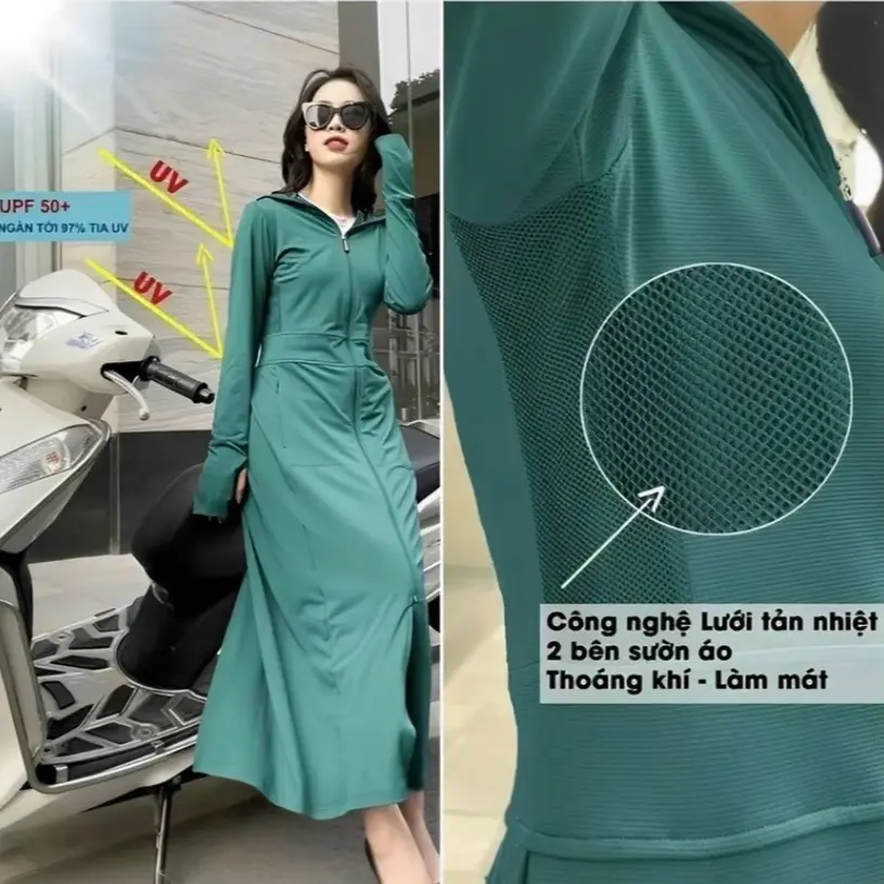 Áo chống nắng 2 lớp xẻ tà đằng sau chất xoàn