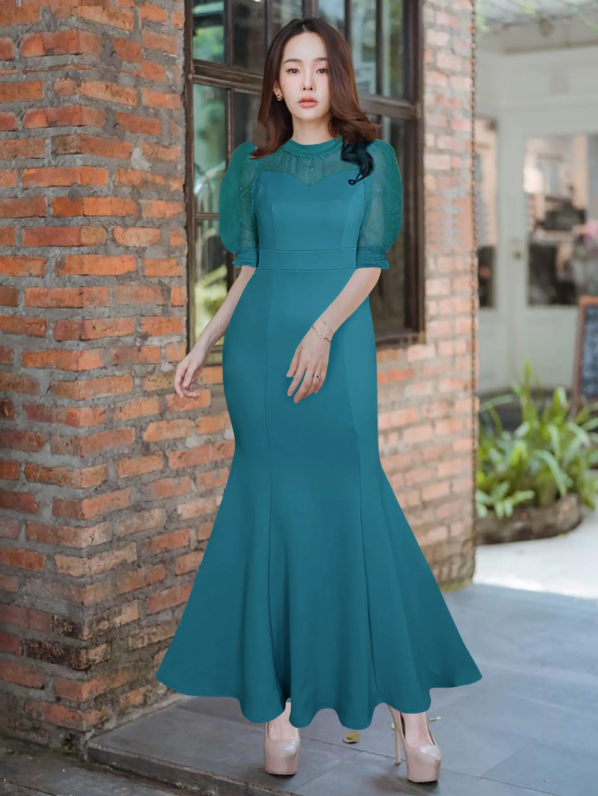 LooWear- Dress Pesta Wanita Mewah Elegan Lengan Puff Tile 3/4 Rok Duyung Mermaid Bahan Scuba Premium Kualitas Import Terbaru Gaun Panjang Cantik Kondangan fit formal