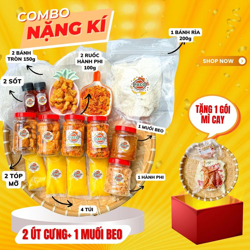 COMBO NẶNG KÍ Set combo bánh tráng phơi sương gồm 300g bánh 200g ruốc hành phi và Tóp mỡ, chai sốt kèm combo muối béo và mì cay [ ĂN VẶT SNACKS ]