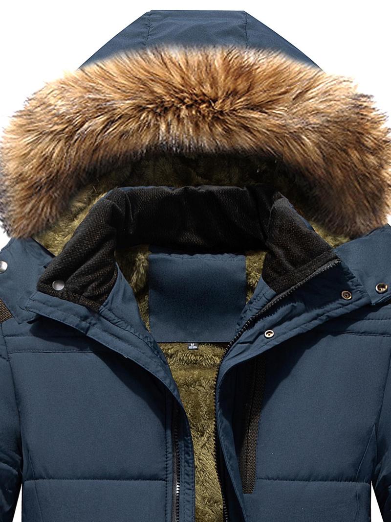 Product Introduction of Men's Contrast Faux Fur Trim Pocket Hooded Thermal Jacket, Regular Fit Casual Long Sleeve Button Front Warm Outerwear for Winter, Men's Clothes for Daily Wear 8