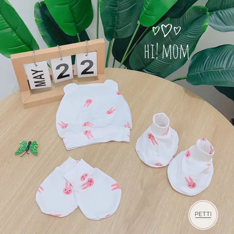 Set Mũ Kèm Bao Tay Chân Hi! Mom Nền Trắng Họa Tiết Chất Vải PETIT Mềm Mát Cho Bé Sơ Sinh (Mới) 7