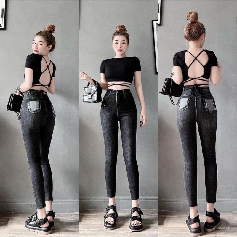 Quần Jeans Ôm Khói Túi Kiểu Cạp Cao Co Giãn 4 Chiều Hách Dáng Tôn Dáng