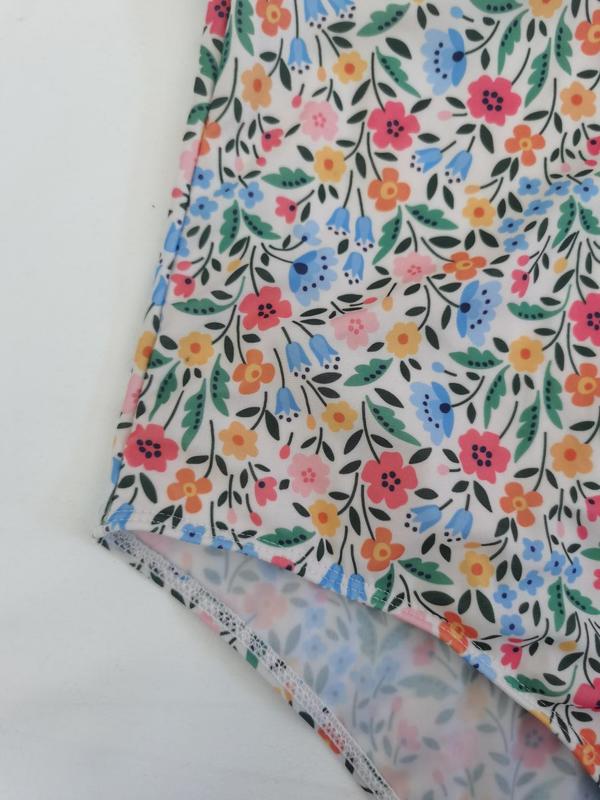 【Plus Size】 Ditsy Floral Print Tie Shoulder Bikini Swimsuit, Casual Sleeveless One-piece Swimwear for Beach Holiday Vacation, Women's Swimsuit for All Seasons, Swim Bodysuit 5