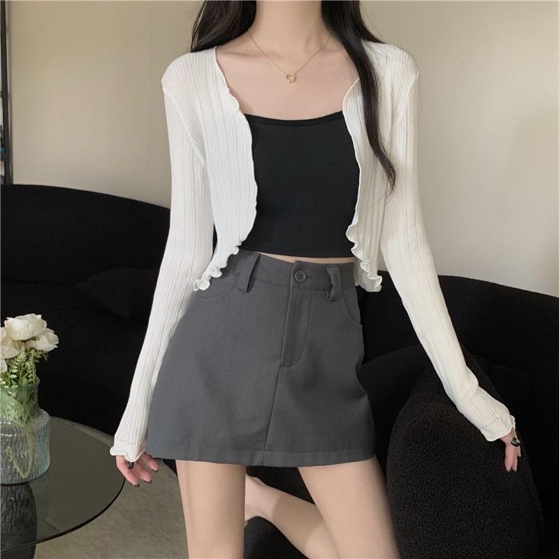 Áo cardigan croptop tay dài chất len gân Nữ Women