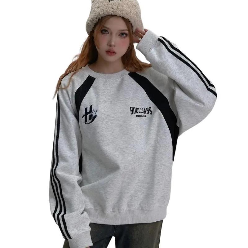ÁO SWT NỈ THU ĐÔNG 2024 PHỐI MÀU IN CHỮ H TAY SỌC MÀU XÁM FORM RỘNG FREESIZE NAM NỮ TOP WOMEN MEN Hoodie