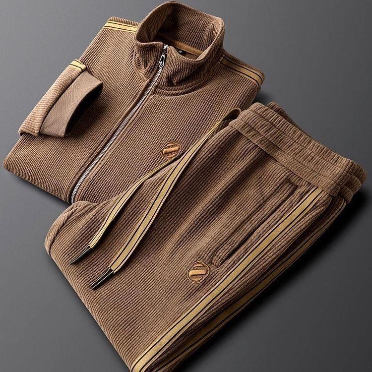 Product Introduction of Light Luxury Autumn Winter Warm Solid Color Casual Sports Suit Slim Fit Trendy Jacket Men's Straight Striped Two-piece Footwear 16