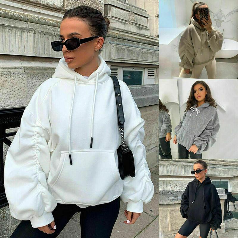 Womens Ruched Sleeve Fleece Oversized Hoodie Top Ladies Sweatshirt Hooded Jumper 0