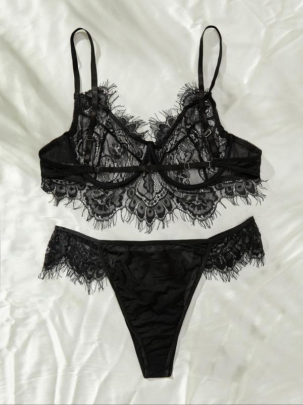 【Plus Size】 Contrast Lace Bra & High Cut Panty, Soft Comfortable Breathable Lingerie Set for Daily Wear, Women's Underwear Set for All Seasons 1