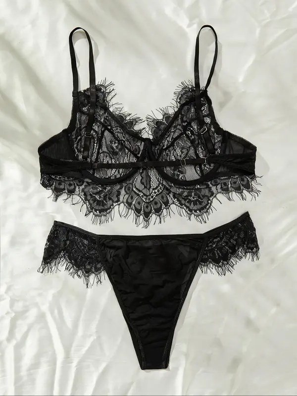 【Plus Size】 Contrast Lace Bra & High Cut Panty, Soft Comfortable Breathable Lingerie Set for Daily Wear, Women's Underwear Set for All Seasons 1