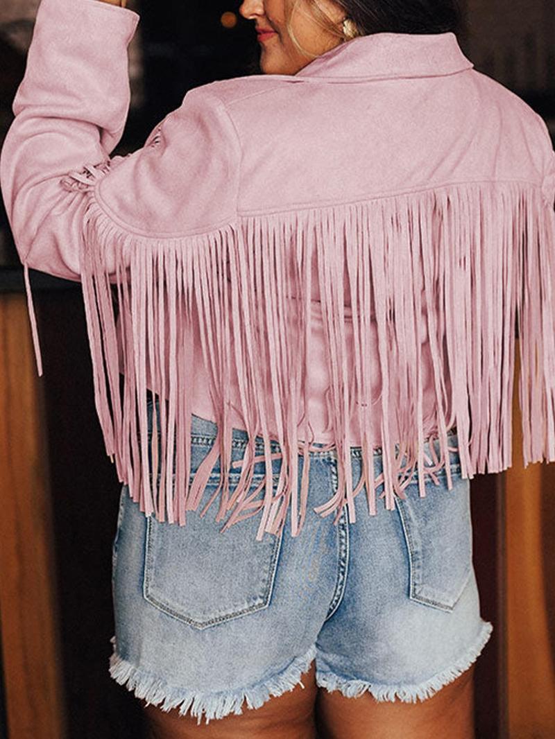 Product Introduction of 【Plus Size】 Fringe Trim Lapel Collar Jacket, Casual Long Sleeve Open Front Outerwear for Spring & Fall, Women's Clothes for Daily Wear 8