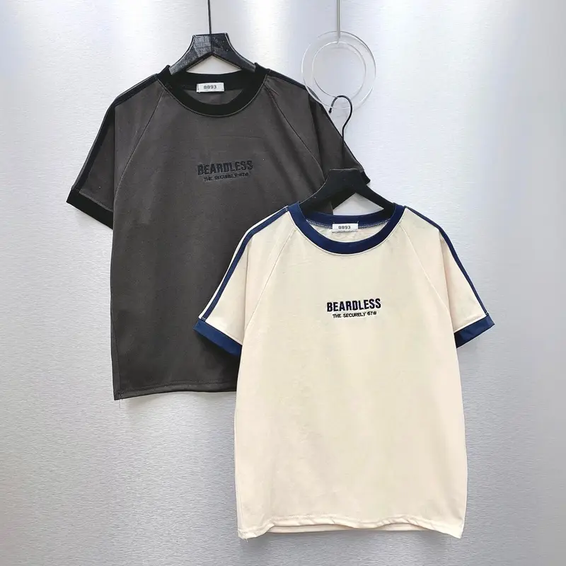Áo Babytee form vừa 35-55kg Thêu chữ "BEARDLESS" phối sọc Tay Menswear Cổ Tròn 2