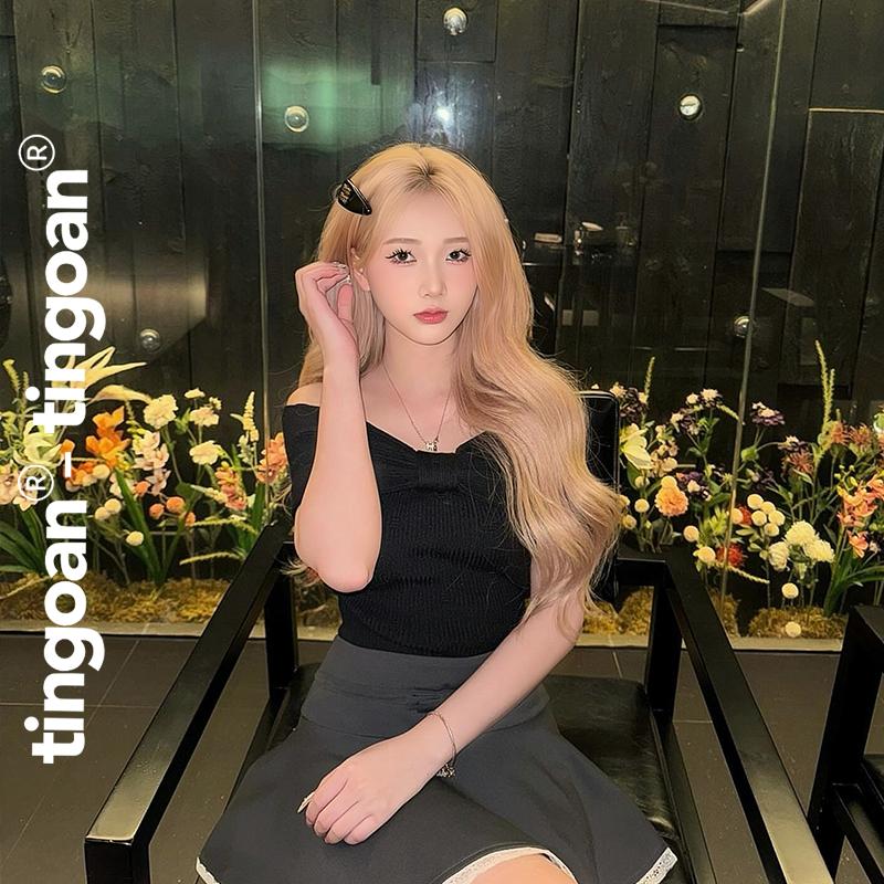 TINGOAN - Áo len xù đen trễ vai phối nơ ngang HEE-RA TOP/BL