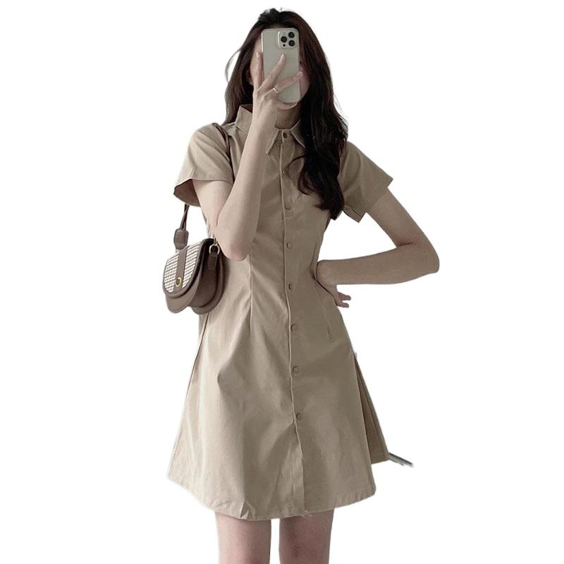 Y#0925-03  Minimalist style lapel dress, Korean version summer single breasted, waist cinching short sleeved shirt dress, solid color dress Casual Womenswear Lingerie Gowns Basic Women Lady Casual Wear Comfort Dresse Button 5