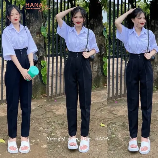Quần tây nữ đi học 2 nút khuy cúc dọc cài lưng cao dáng quần baggy vải nữ học sinh cấp 3 dày co giãn nhẹ đi học làm công Ong Pants