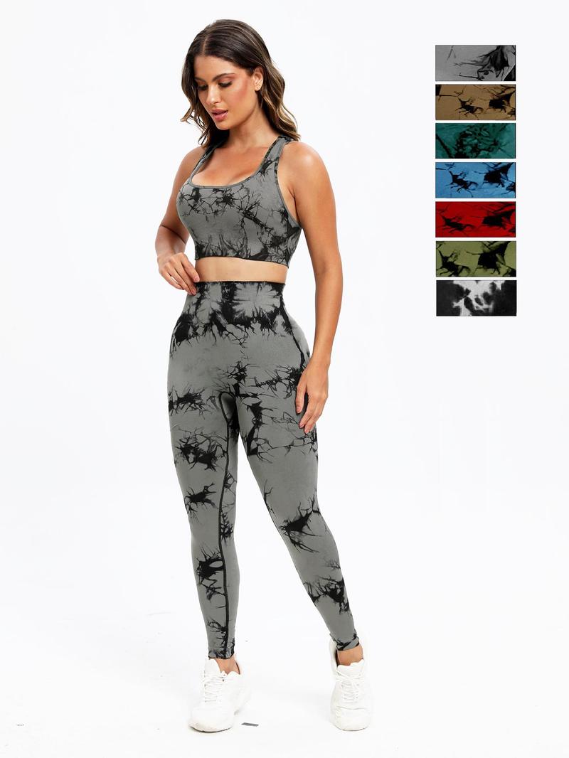 Product Introduction of Women's Tie Dye Print Sports Racerback Vest & High Waist Leggings Tracksuit Set, Sporty Square Neck Sleeveless Crop Top & High Stretch Skinny Pants, Women's Fitness Sportswear for Workout Gym Yoga Exercise 8
