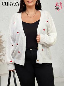 CURVZY Plus Size Heart Embroidery Button Front Sweater Cardigan, Casual Drop Shoulder Long Sleeve V Neck Cardigan, Women's Fall & Winter Knit Clothing