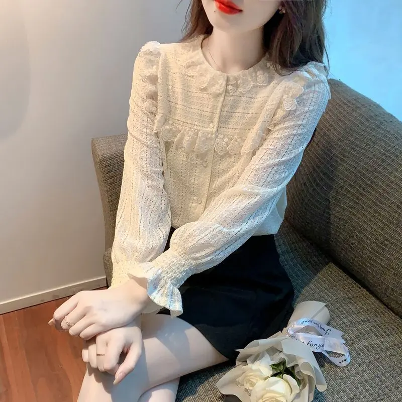 Áo Cánh Ren Dài Tay Cho Nữ, Phong Cách Hàn Quốc, Áo Voan Thời Trang Thanh Lịch, Áo Sơ Mi Cơ Sở Dễ Phối Đồ Hàng Mới Về Mùa Thu 2023, Được 1157 Yêu Thích