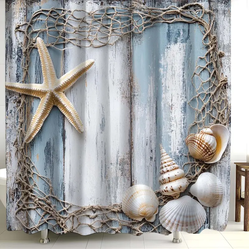 Starfish & Shell & Fishing Net Pattern Shower Curtain, Creative Starfish & Shell & Fishing Net Print Shower Curtain with 12 Hooks, Bathroom Supplies 0