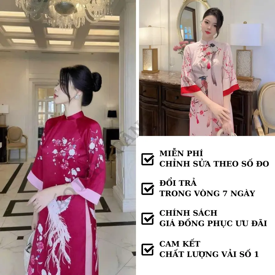 Áo dài cách tân nữ dáng suông lụa in hoa và chim công trắng duyên dáng, Áo dài tết cách tân truyền thống màu Đỏ và Hồng