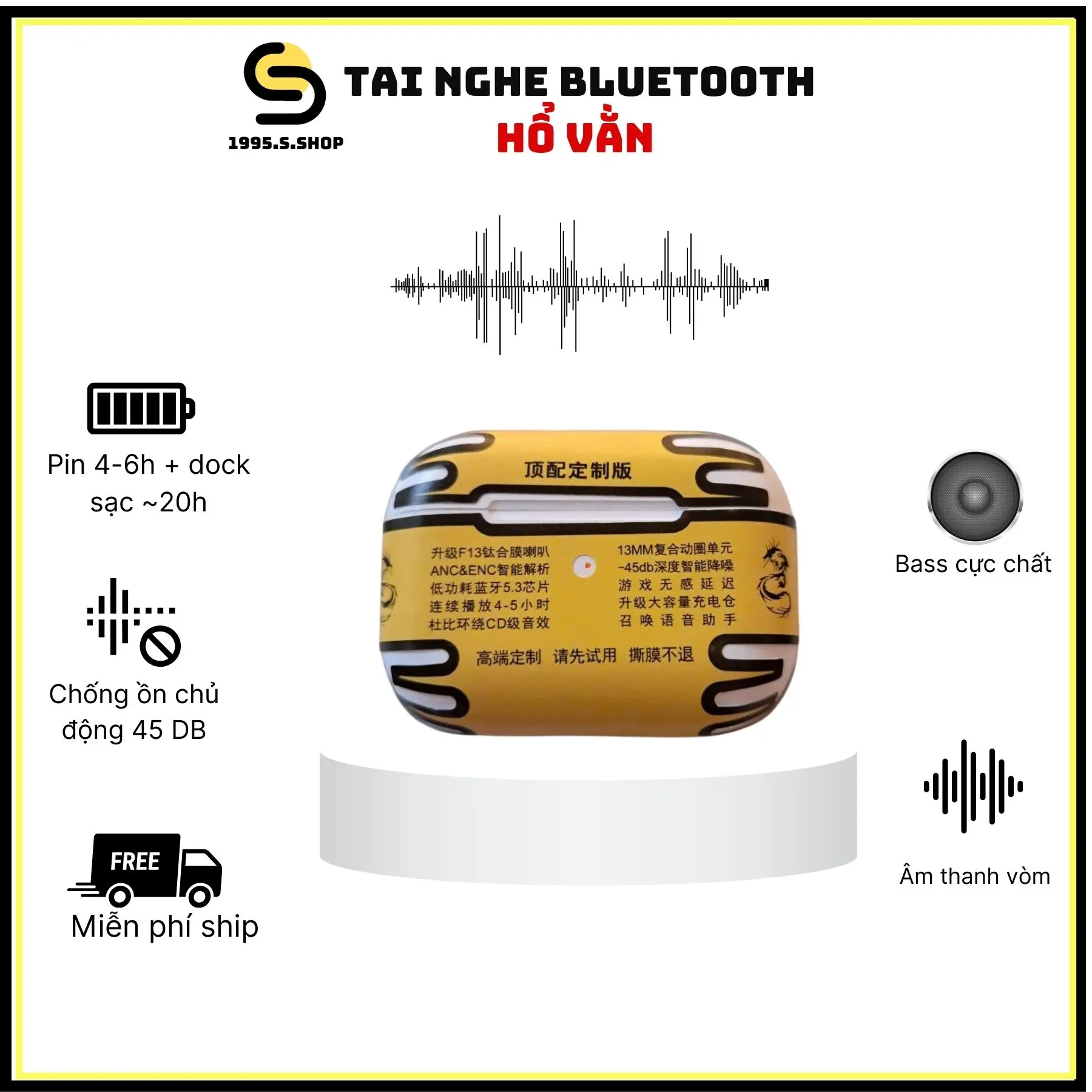 Tai nghe Bluetooth Hổ Vằn 1562/ Tai nghe bluetooth pin trâu, chống ồn ANC 45DB, bass cực chất, kèm cáp sạc full hộp
