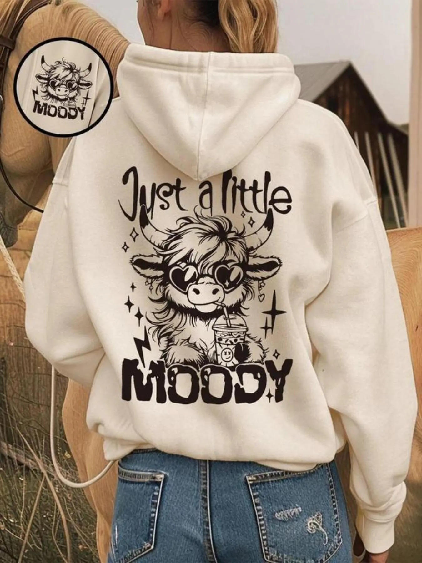 Women's Cow & Letter Print Hoodie, Fashion Casual Hooded Sweatshirt for Daily Holiday Outdoor Wear, Women Clothing for Spring & Fall