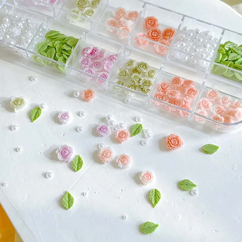 Trang Trí Móng Tay Nghệ Thuật Tự Làm, 1 Hộp 12 Ngăn, Hoa Hồng 3D, Khoan Móng Tay Vườn, Hoa Hỗn Hợp, Lá, Phụ Kiện Thiết Kế Làm Móng Tay, Để Làm Móng