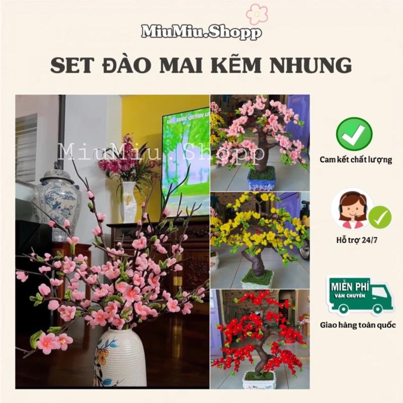 [SET ĐÀO-MAI] (200s hồng, 50s xanh lá, 20 kẽm cành, 1 bó nhuỵ, 2 sáp nâu, 3 keo nến) thành phẩm: 70-80 bông đào- khoảng 10-12 cành hoa, Decor Phòng