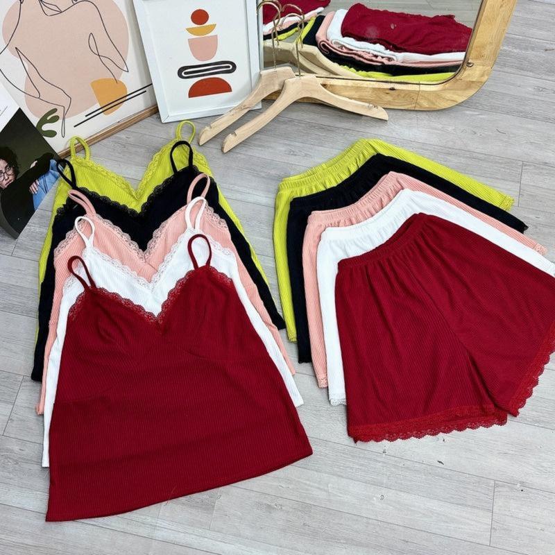  Set đồ Béo Tròn bigsize áo dây viền ren kèm quần đùi ren chất gân tăm co giãn Quần short áo thun xinh xắn thời trang đơn giãn trẻ trung  - G124 