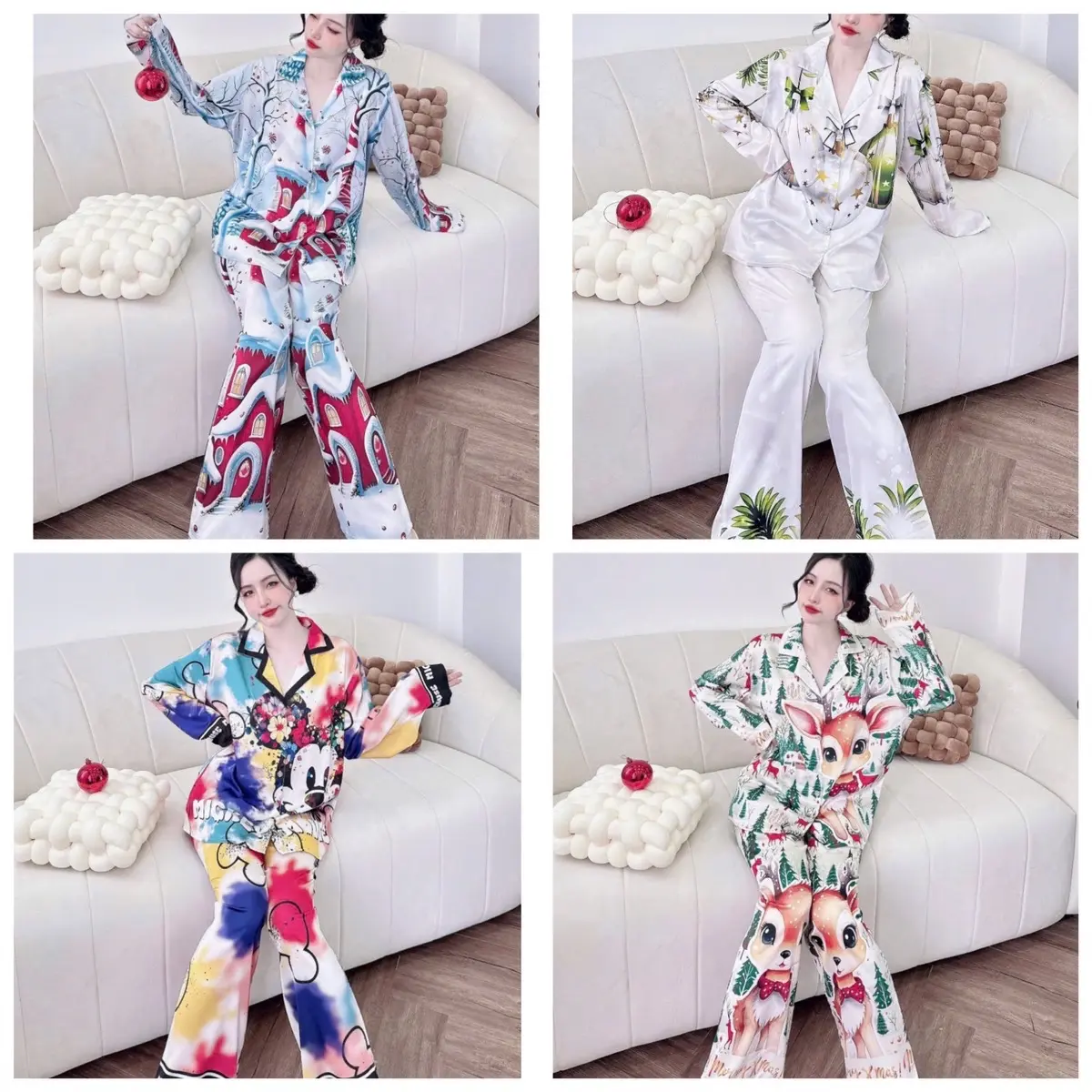 Bộ bigsize 50/75kg latin tay dài quần dài họa tiết siu ku te .đồ mặt nhà thoáng mát Nữ Women Áo Top Quần Ngủ Nhung Nho Voi