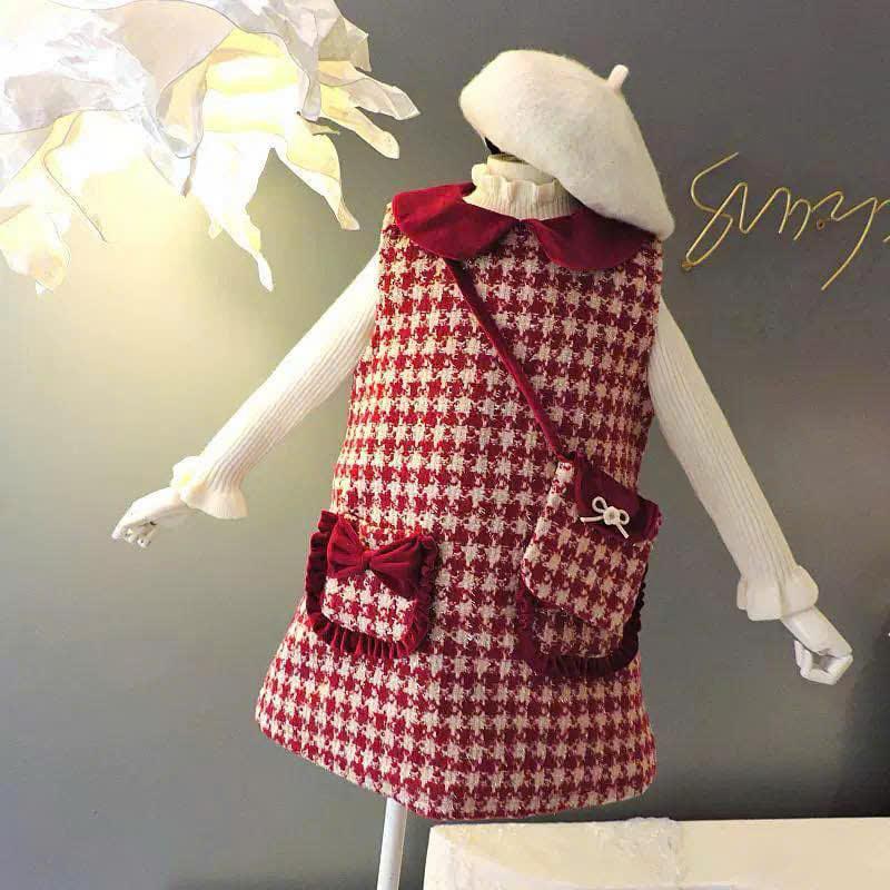 6-25kg -TD93( KHÔNG KÈM DÂY NƠ) VÁY DẠ NHUNG ĐỎ BÓNG+ kèm áo giữ nhiệt ĐIỆU ĐÀ cho bé gái