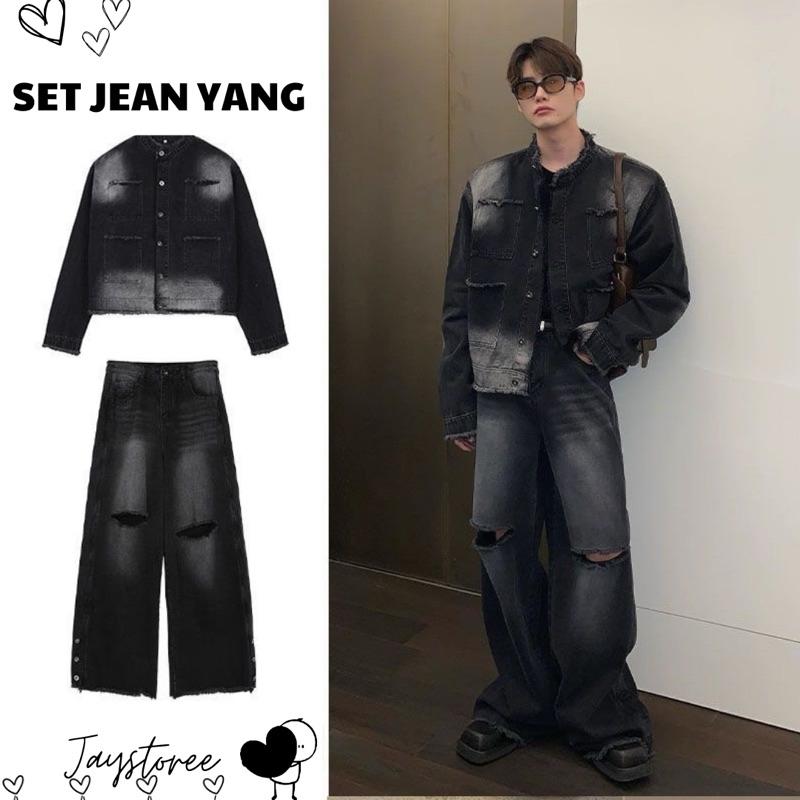 Set Denim Jeans YANG Gồm Áo Khoác Denim Jacket Form Unisex Và Quần Jean denim trơn Wash Loang Xám Form Suông Nam Menswear