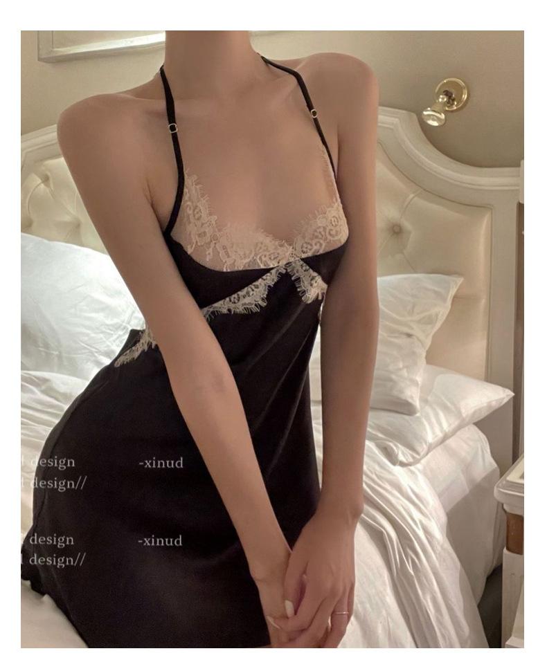 Product Introduction of Sexy lingerie deep V lace backless satin women's home clothes suspenders pajamas nightdress Loungewear Nightwear night  dress Womenswear Homewear victoria s 13