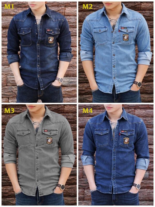 Áo Sơ Mi Nam Jean Denim 2 Túi Tay Dài Cổ Bẻ Chất Liệu 100% Cotton Co Giãn 4 Chiều Phù Hợp Mọi Thời Tiết Menswear Áo Có Cổ Kem Shirt